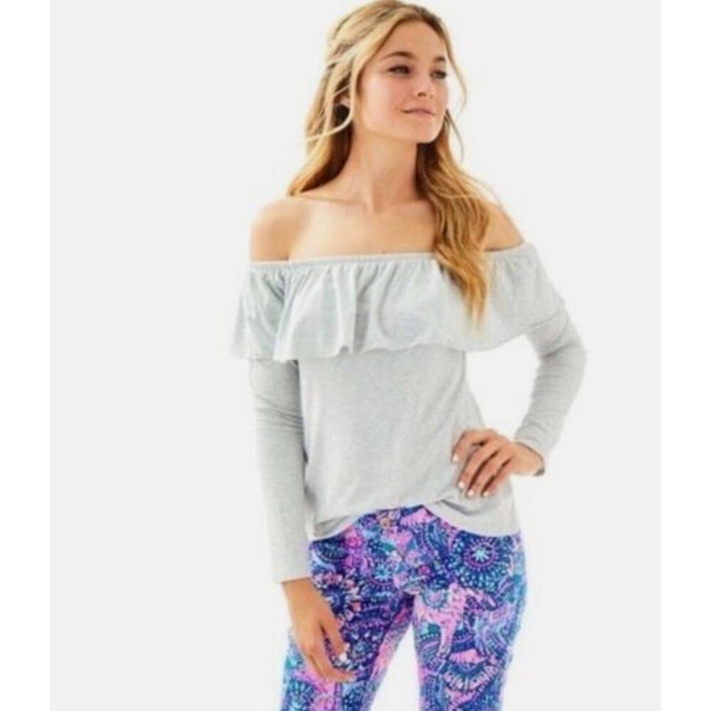 Lilly Pulitzer Medium Augustus Off The Shoulder Long Sleeve Top Gray Pima Cotton